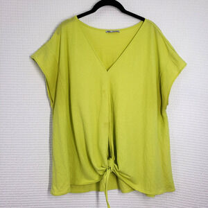 Zara Shirt Womens Medium Green Yellow Lime Summer Tie Front Oversized Flowy